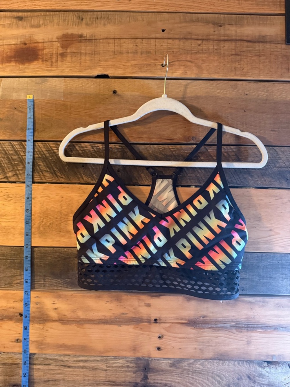 PINK Victoria’s Secret Rainbow Logo Strappy Sports Bra Swim Top Mesh Band